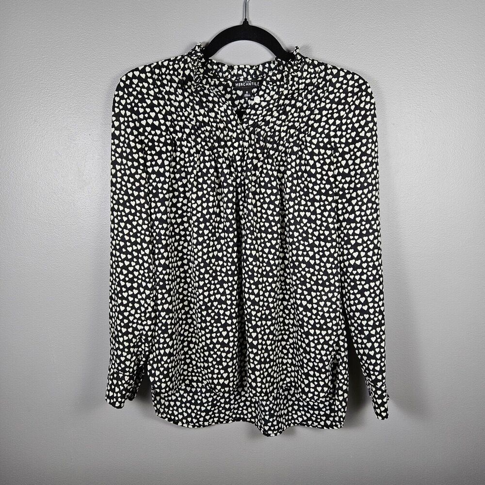 J. CREW Blouse Heart Printed Pintuck‎ Popover Black Cream Ivory Long Sleeve SZ 0